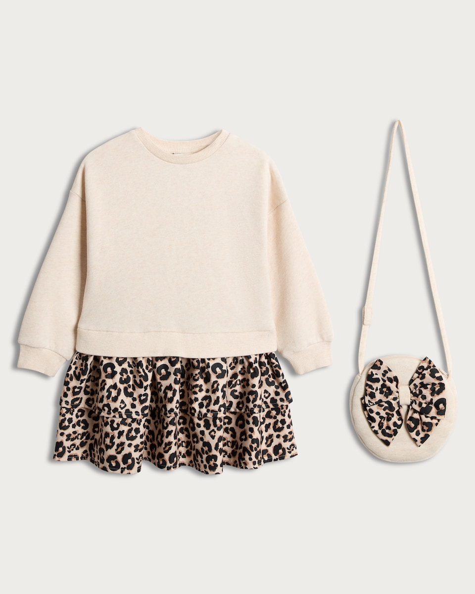 F&F Girls 2-Piece Cotton Rich Leopard Print Twofer Dress and Bag Set in Multi Brown