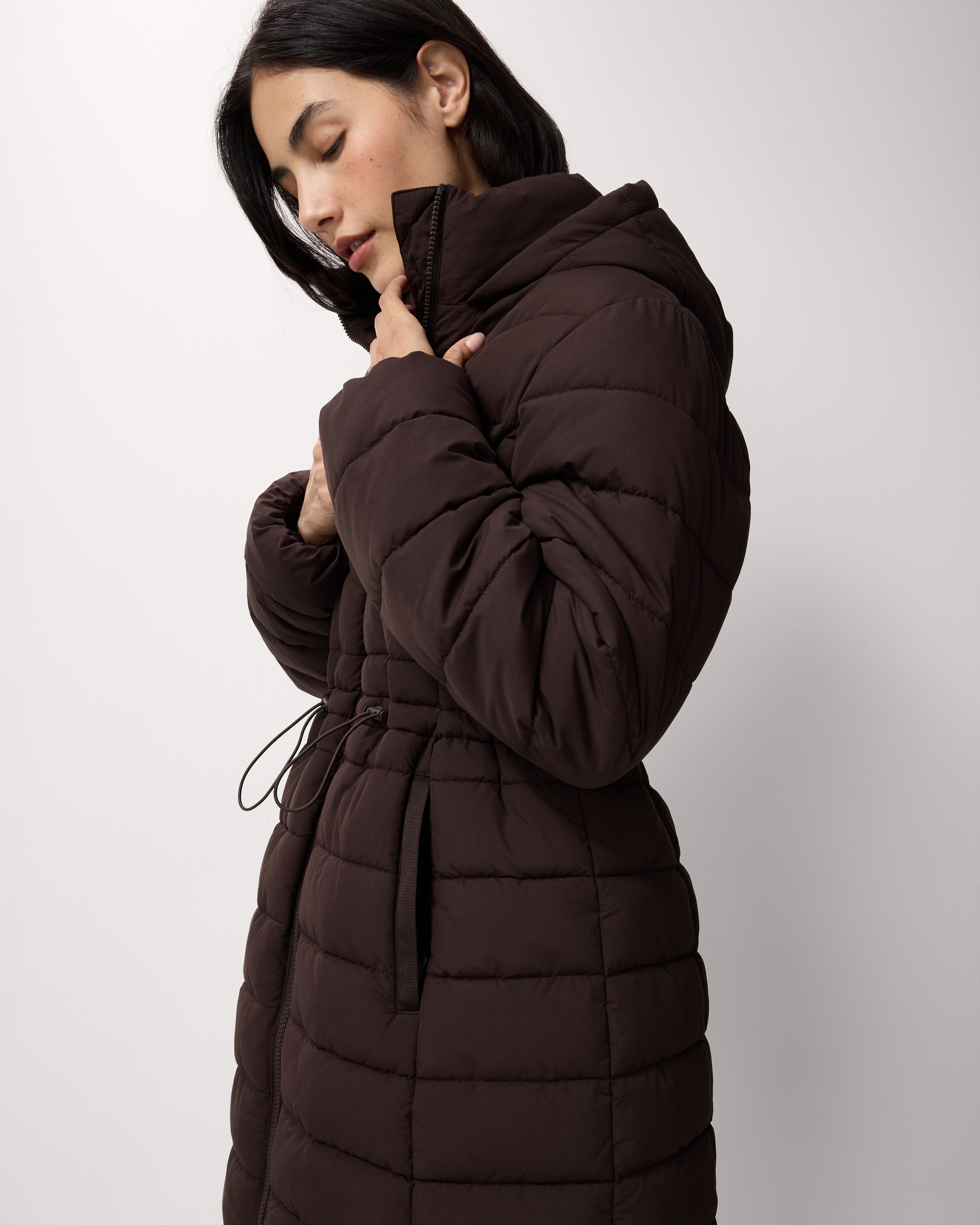 F&F Shower Resistant Padded Hooded Longline Coat in Brown