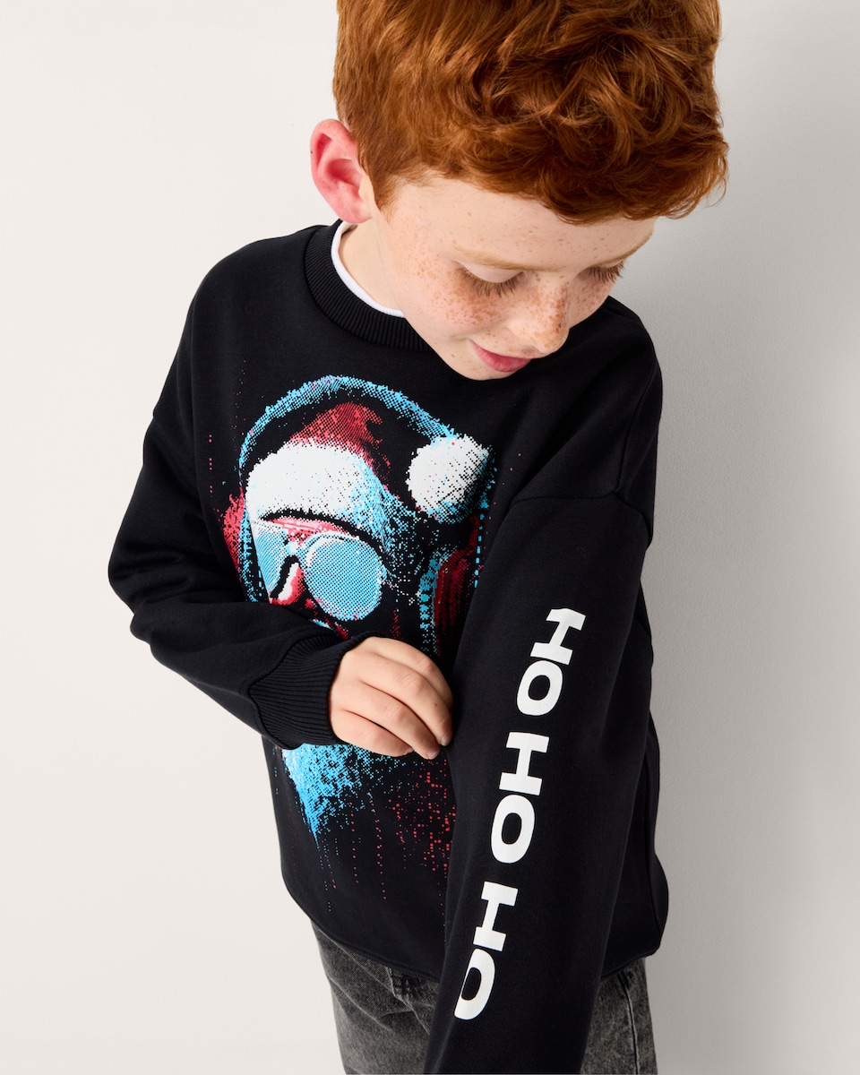 image 1 of Christmas Boys Cotton Rich Santa Sweatshirt in Black