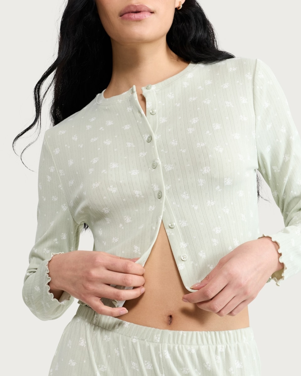 image 1 of F&F Pointelle Floral Button Up Long Sleeved Pyjama Cardigan in Green