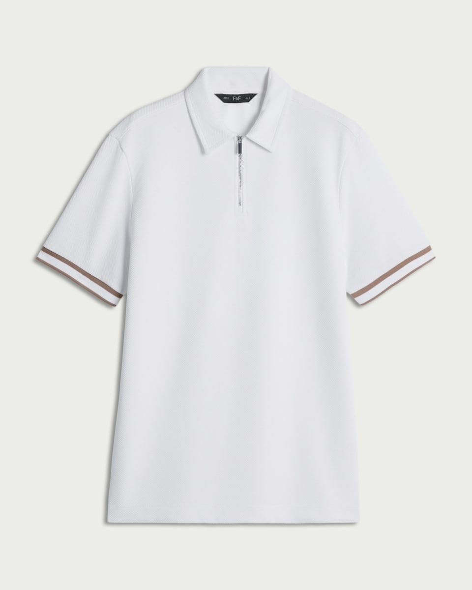 image 1 of F&F Textured Zip Neck Relaxed Fit Polo Shirt in White
