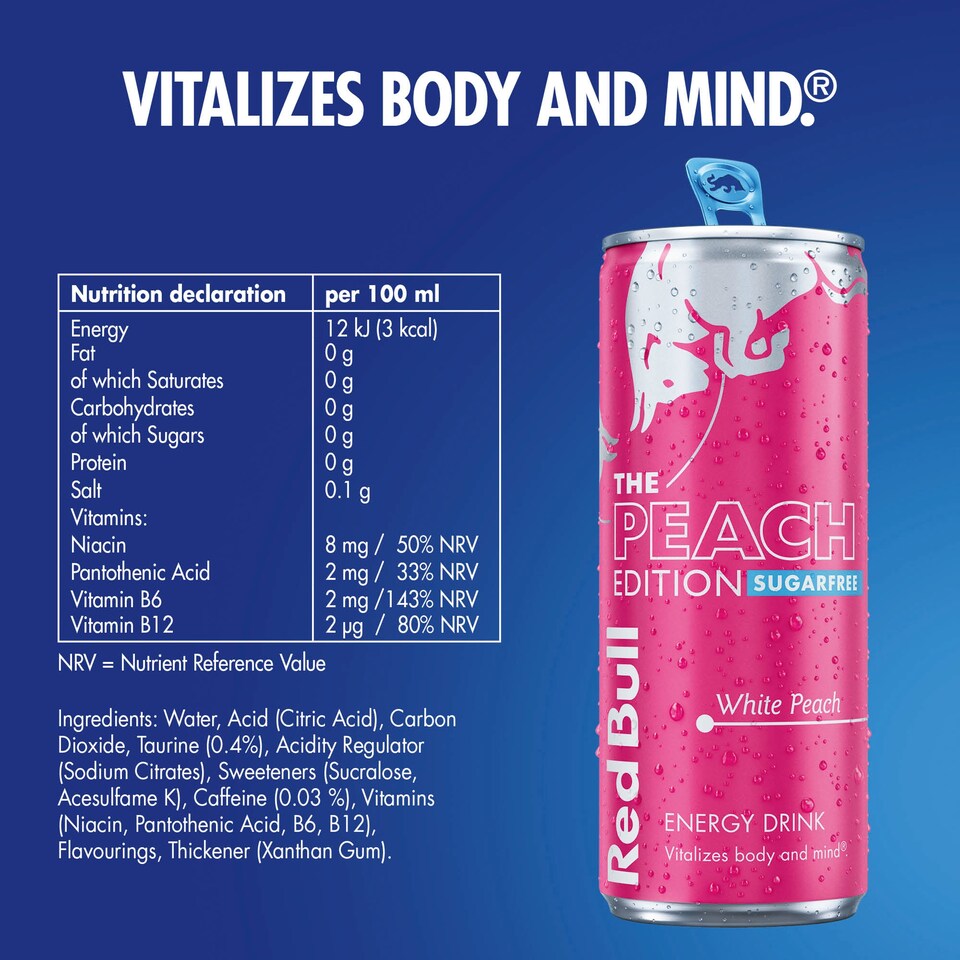 image 1 of Red Bull The Peach Edition Sugar Free White Peach Energy Drink 250ml