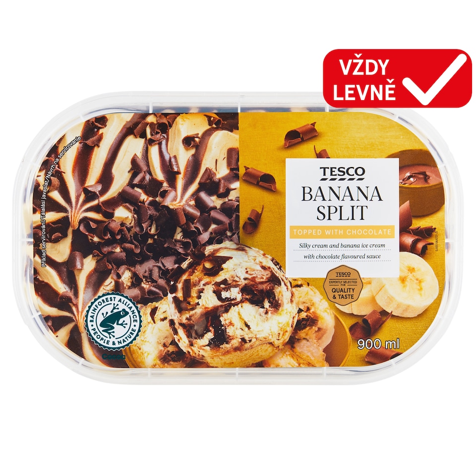 Tesco Mražený krém banánový s polevou s čokoládovou příchutí a kousky čokolády 900ml