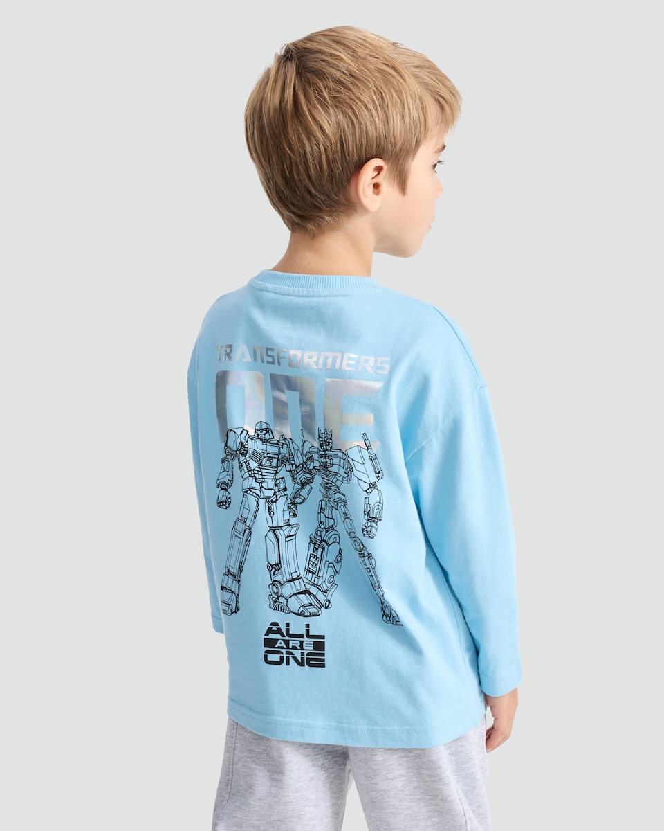 image 1 of Transformers Pure Cotton All Are One Slogan Long Sleeved Top in Blue