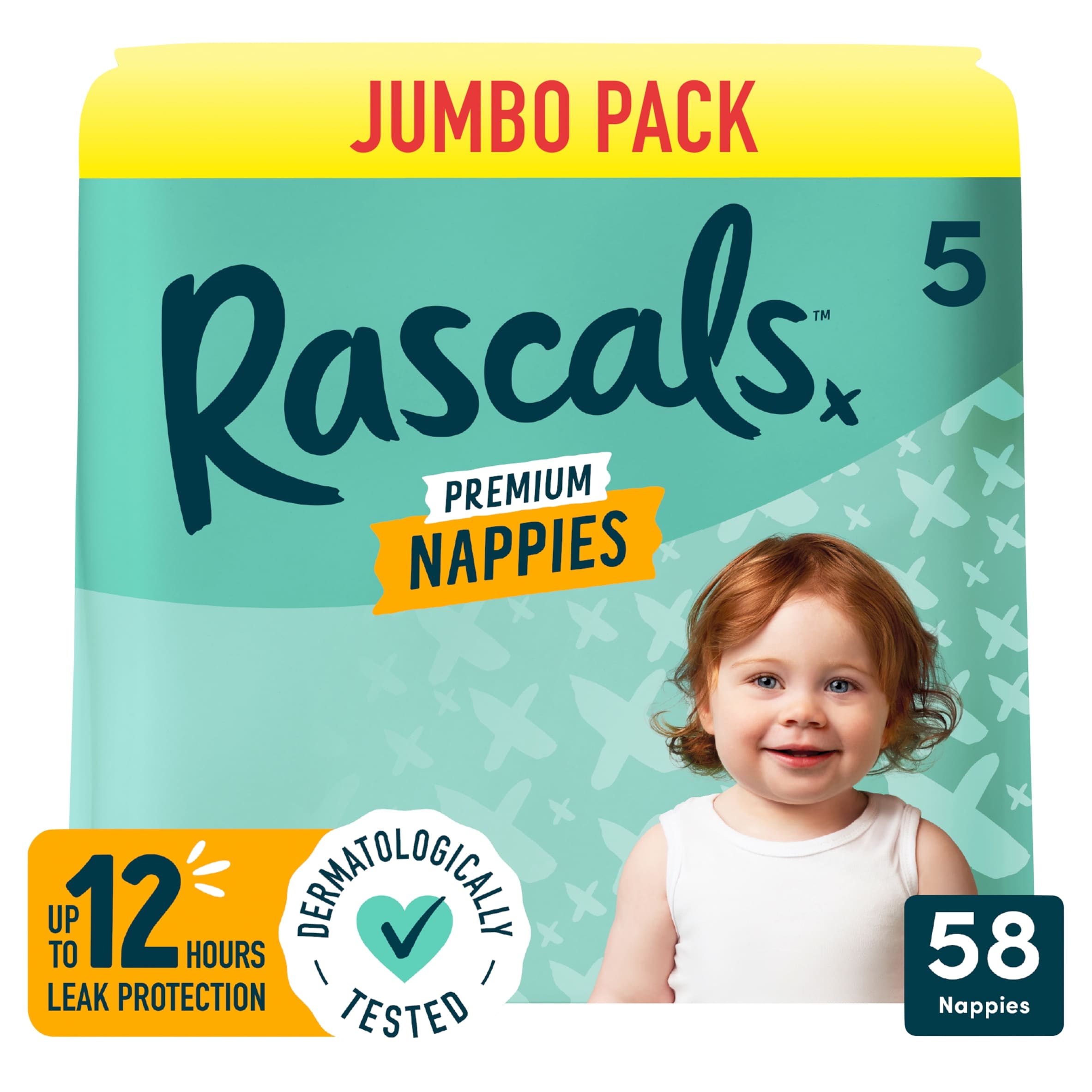 Rascals Premium Nappies, Size 5 | 58 Jumbo Pack
