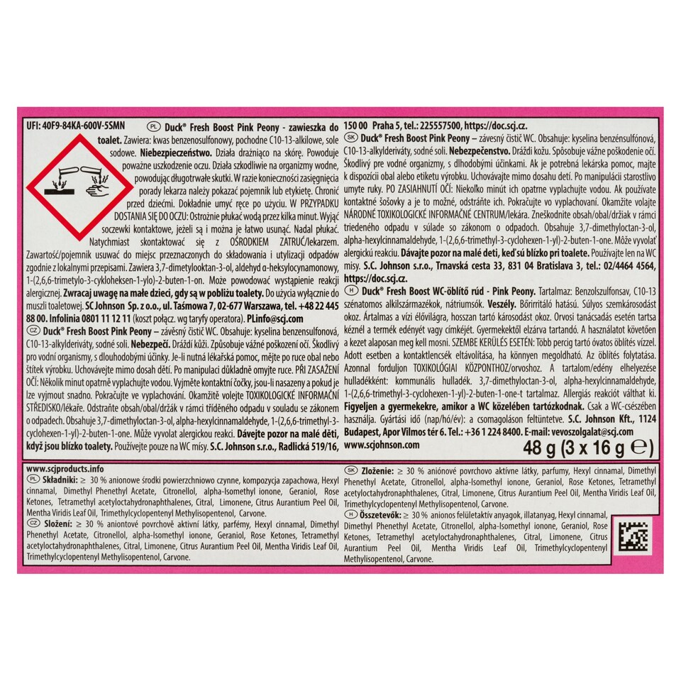 image 1 of Duck Fresh Boost Pink Peony Hanging Toilet Cleaner 3 x 16 g (48 g)