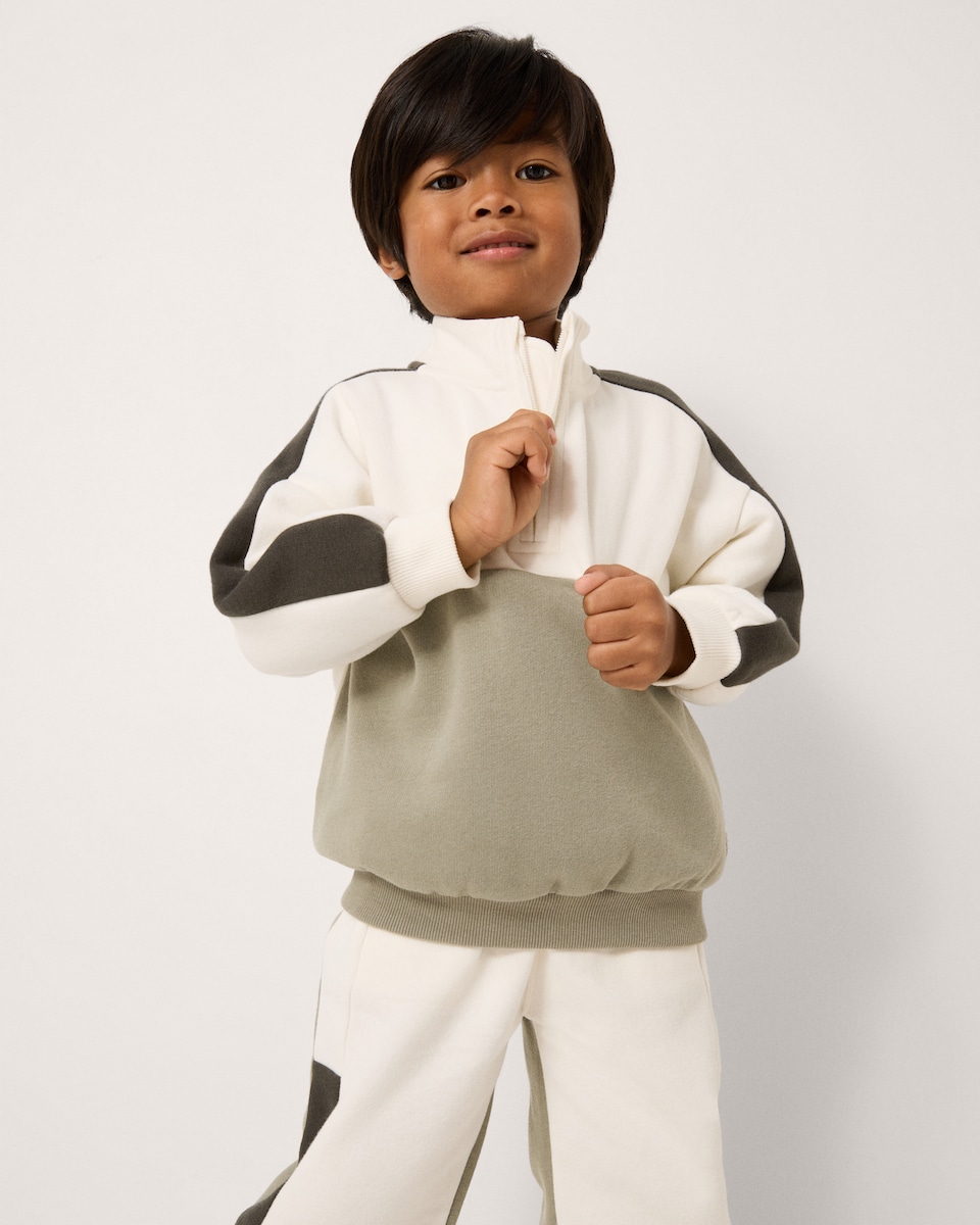 image 1 of F&F Boys Cotton Rich Colour Block Half Zip Sweatshirt and Joggers Set in Green