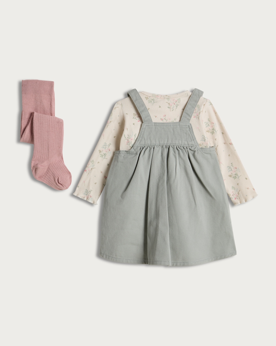 image 1 of F&F Baby 3-Piece Floral Pinafore, Bodysuit and Tights Set in Green