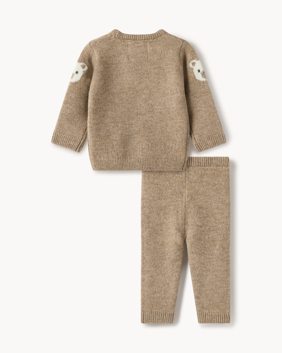 image 1 of F&F Baby Knitted Bear Jumper and Leggings Set in Stone