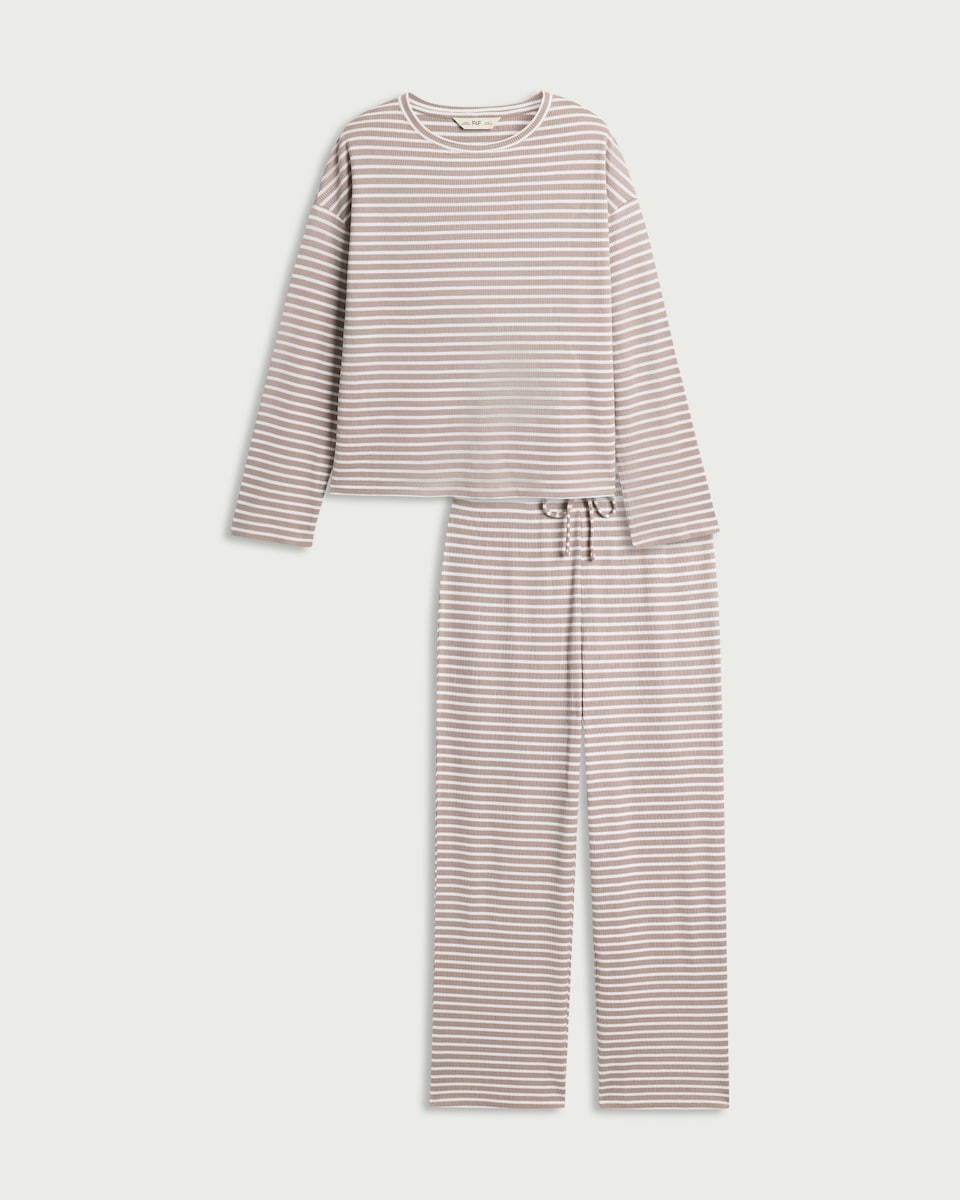 image 1 of F&F Waffle Textured Striped Pyjama Set in Neutral