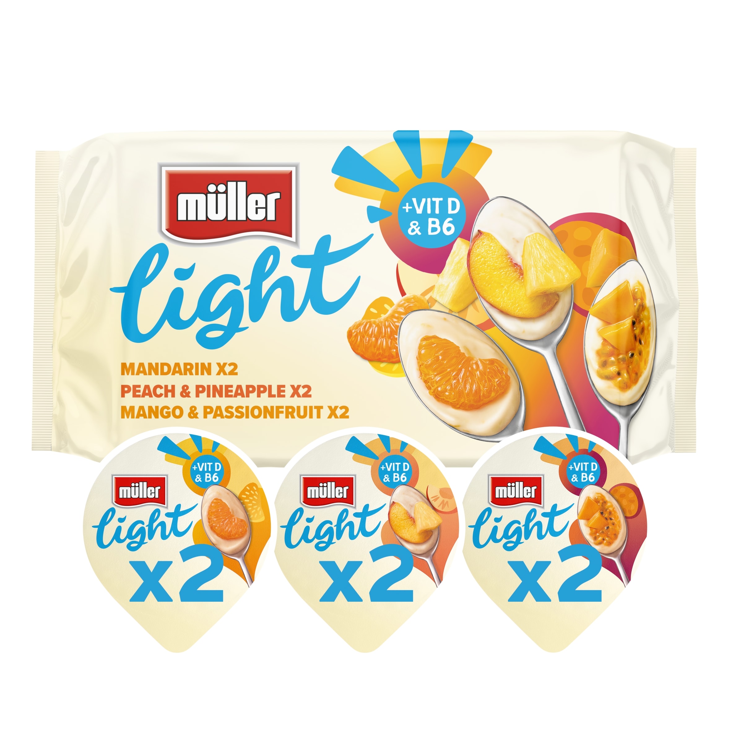 Muller Light Fat Free Mango Psn/Fruit Peach Yogurt 6X140g