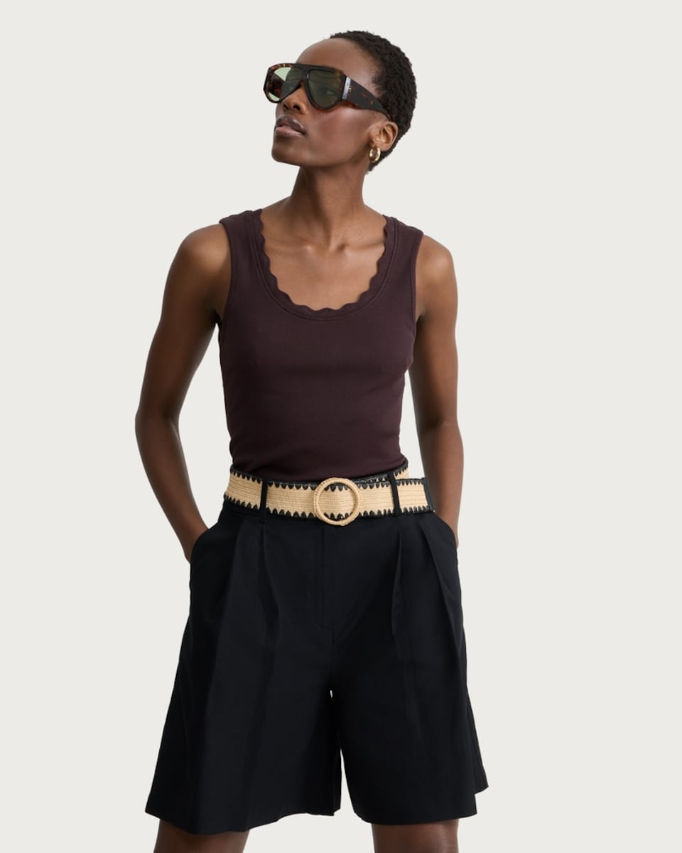 image 1 of F&F Cotton Rich Ribbed Scalloped Neck Vest in Brown