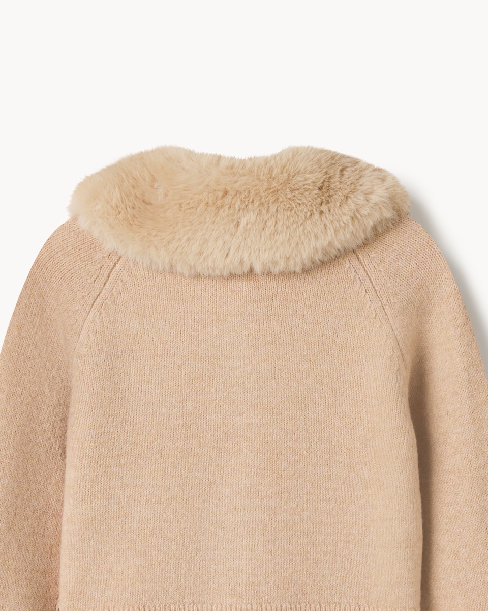 image 1 of F&F Girls Faux Fur Collared Cardigan in Tan