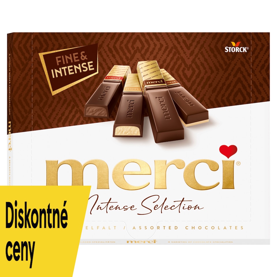 merci Intense Selection výber plnených a neplnených praliniek prevažne z horkej čokolády 250 g