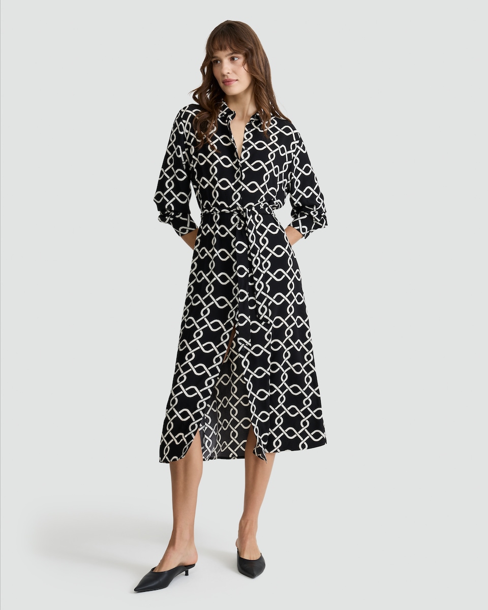 image 1 of F&F Chain Print Belted Midi Shirt Dress in Multi Black White