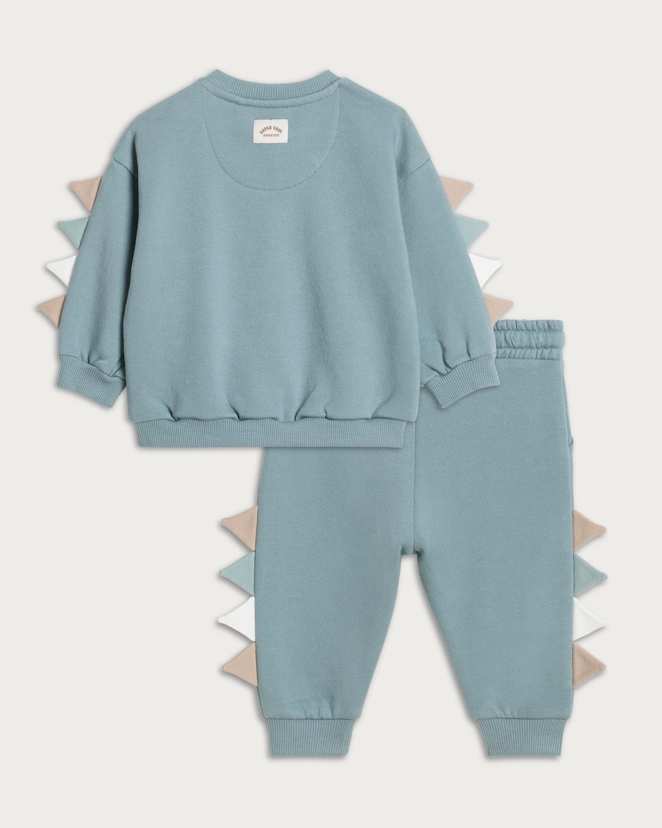 image 1 of F&F Baby 2-Piece Cotton Rich Dinosaur Sweatshirt and Joggers Set in Blue