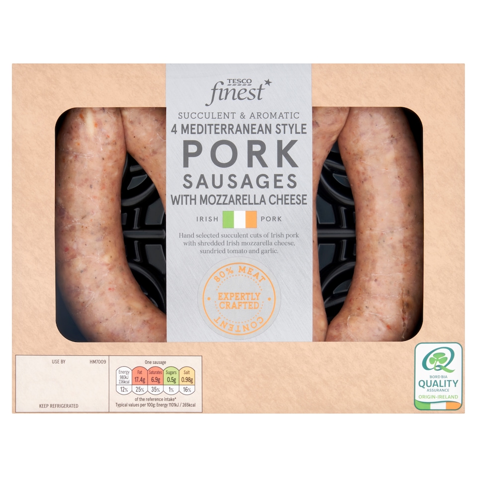Tesco Finest 4 Mediterranean Style Pork Sausages with Mozarella Cheese 440g