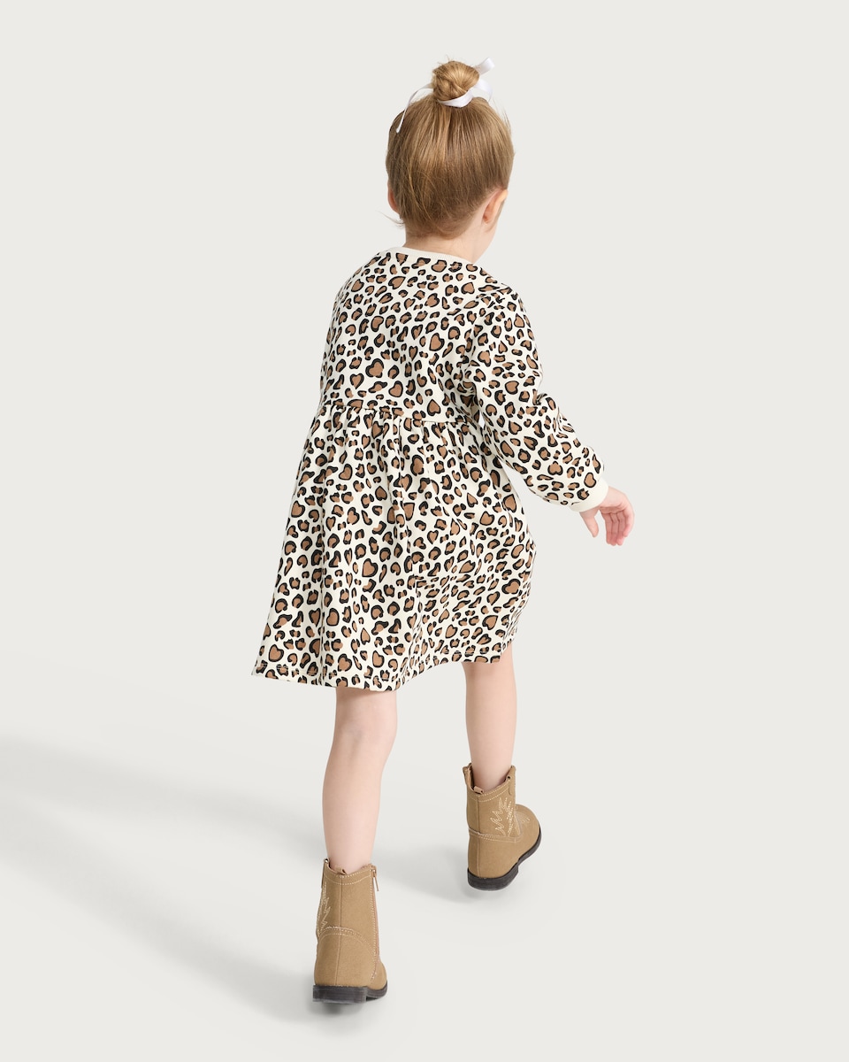 image 1 of F&F Girls Cotton Rich Leopard Print Long Sleeved Dress in Multi Brown