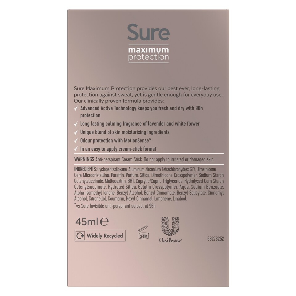 image 1 of Sure Maximum Protection Stress Control Cream Antiperspirant Deodorant 45Ml
