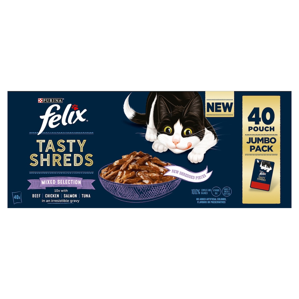 image 1 of Felix Tasty Shreds Cat Food Mixed Selection In Gravy 40X80g