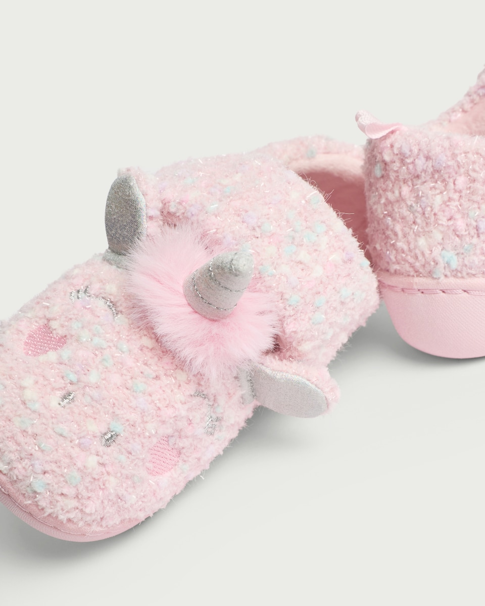 image 1 of F&F Girls Unicorn Cupsole Slippers in Pink
