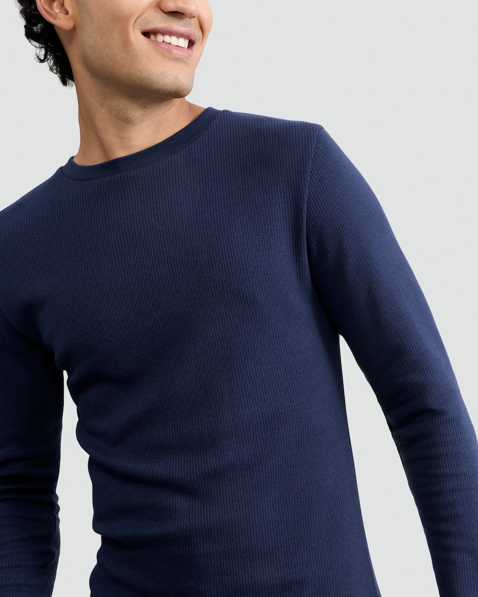 image 1 of F&F Cotton Blend Ribbed Long Sleeved Thermal Top in Navy