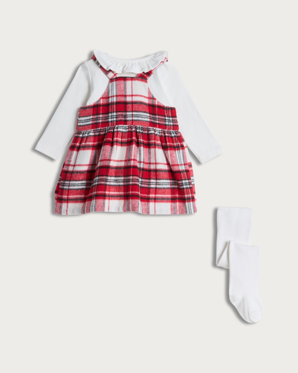 image 1 of F&F Baby 3-Piece Check Print Pinafore, Bodysuit and Tights Set in Red