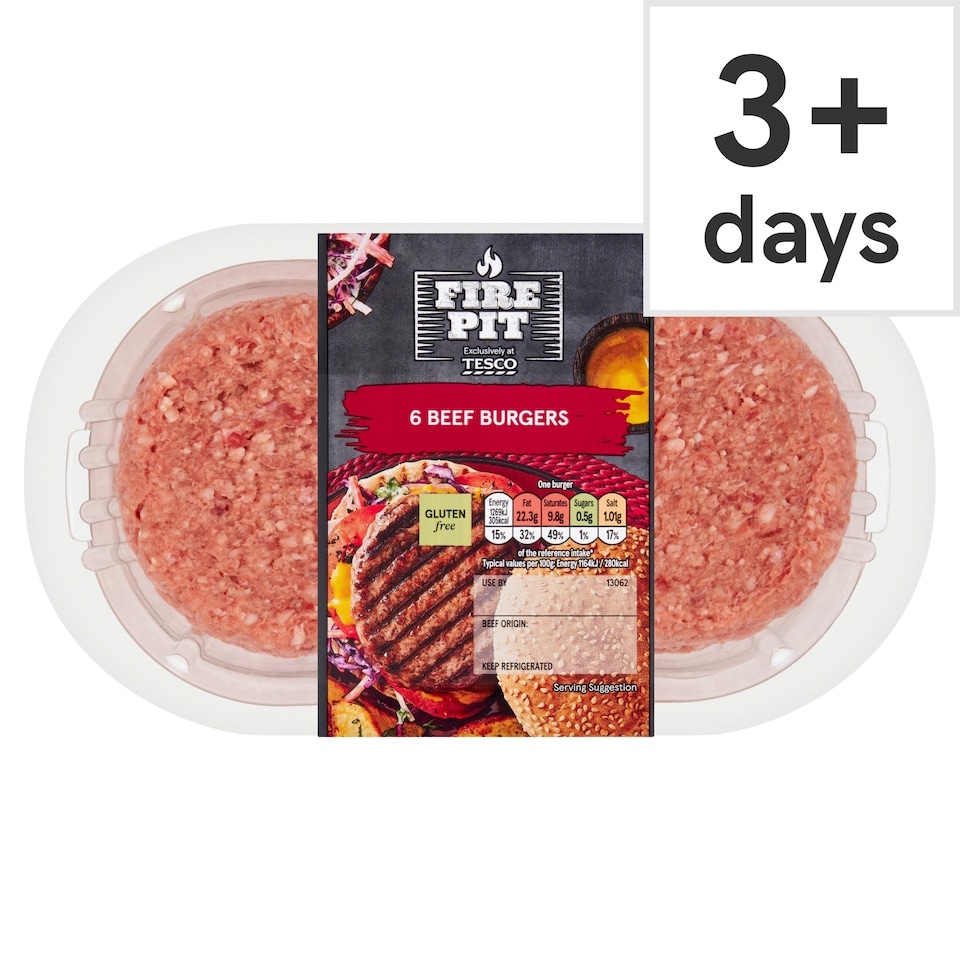 Tesco Fire Pit 6 Beef Burgers 730g 