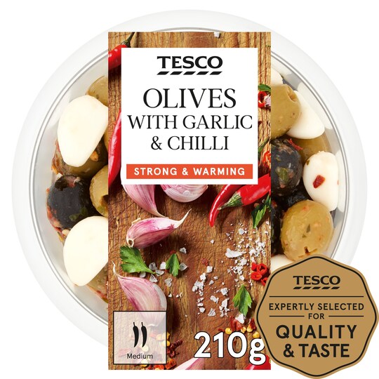 Tesco Mixed Olives With Garlic & Chilli 210G Tesco Groceries