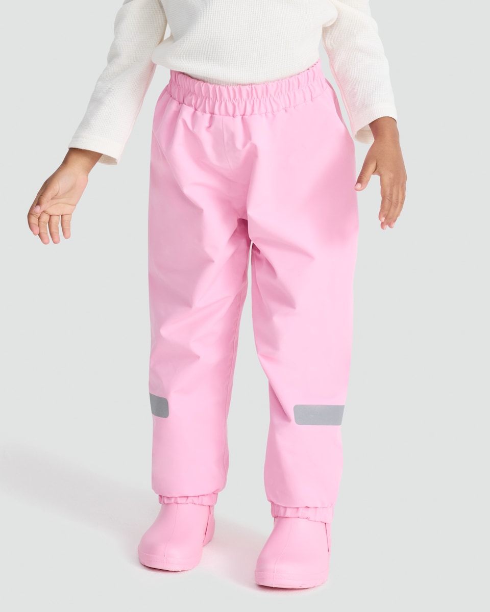 image 1 of F&F Girls Fleece Lined Reflective Strap Waterproof Trousers in Pink