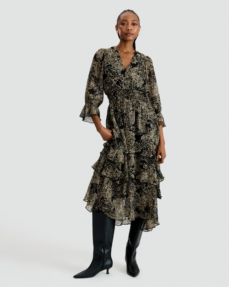 image 1 of F&F Paisley Print Tiered Midi Dress in Multi Black White