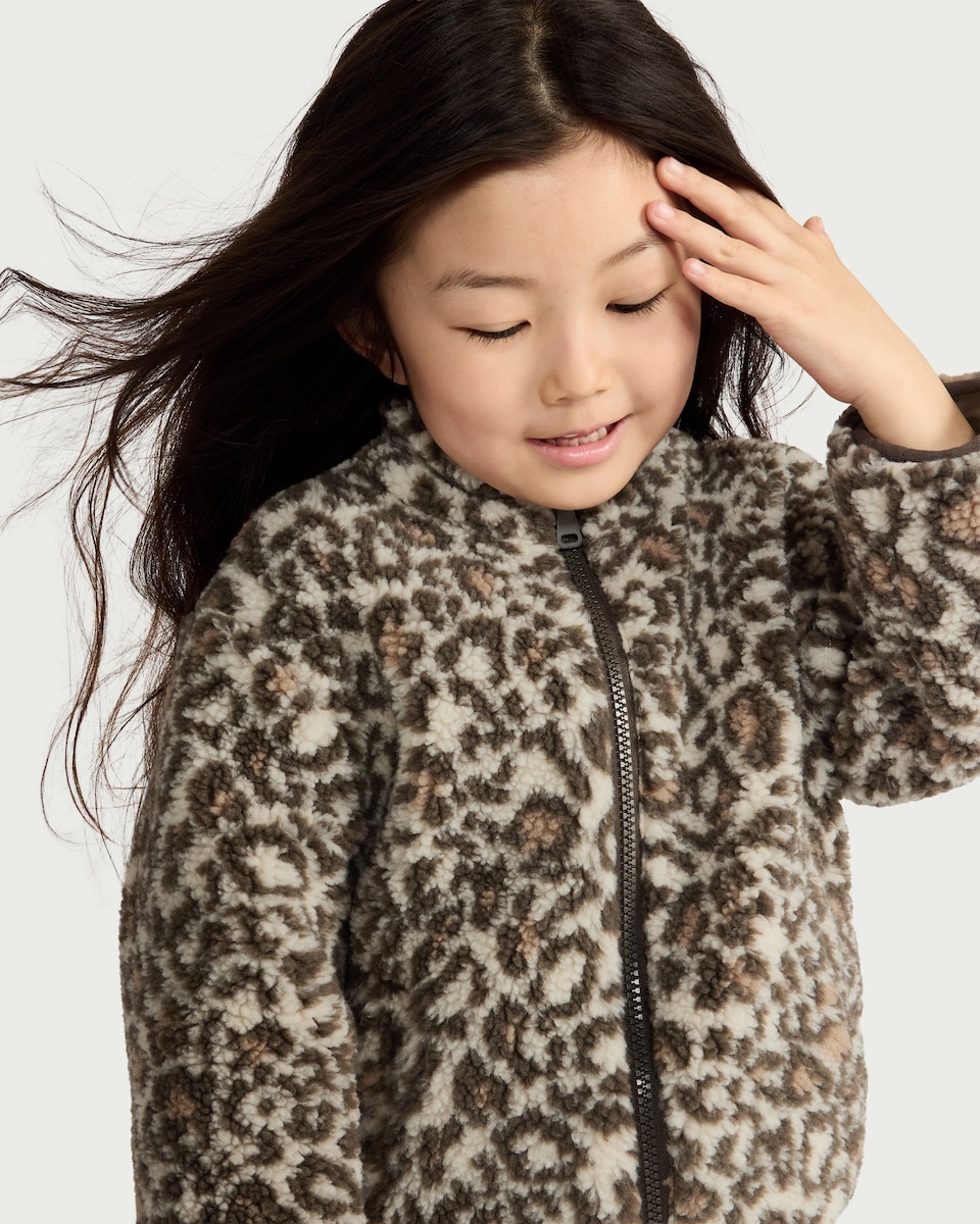 image 1 of F&F Girls Fleece Animal Print Jacket in Multi Brown