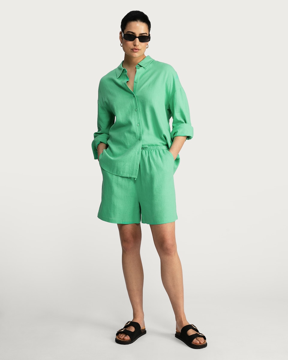 image 1 of F&F Oversized Button Up Shirt with Linen in Green
