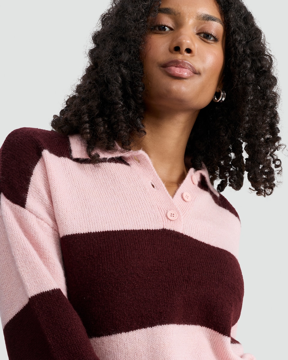 image 1 of F&F Knitted Stripe Rugby Shirt in Multi Pink