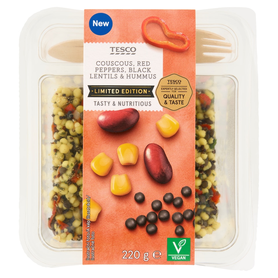 Tesco főtt kuszkusz saláta marinált piros paprikával, marinált vörösbabbal 220 g