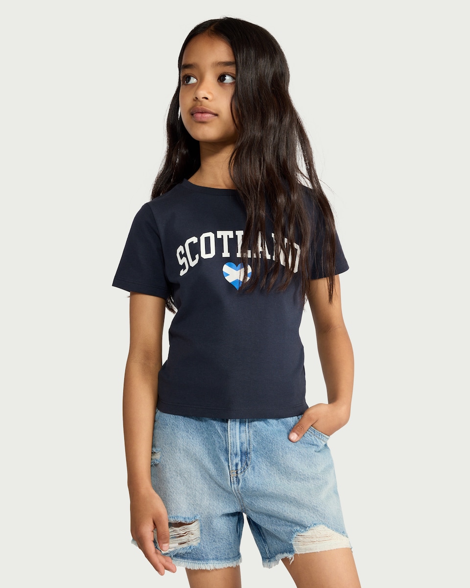 image 1 of F&F Girls Cotton-Rich Scotland Heart Print T-Shirt in Navy