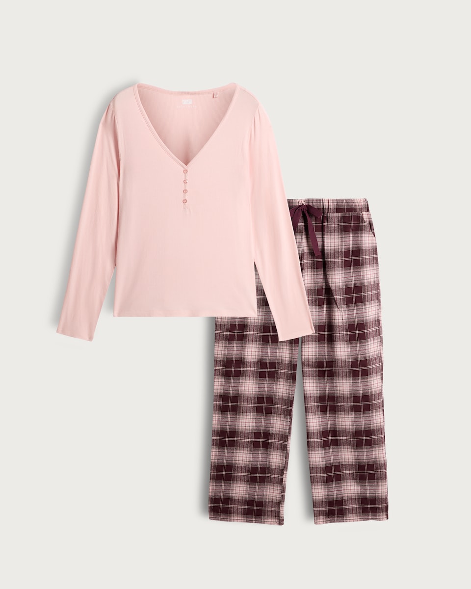 image 1 of F&F Ribbed Flannel Henley Top and Check Pyjama Set in Multi Pink