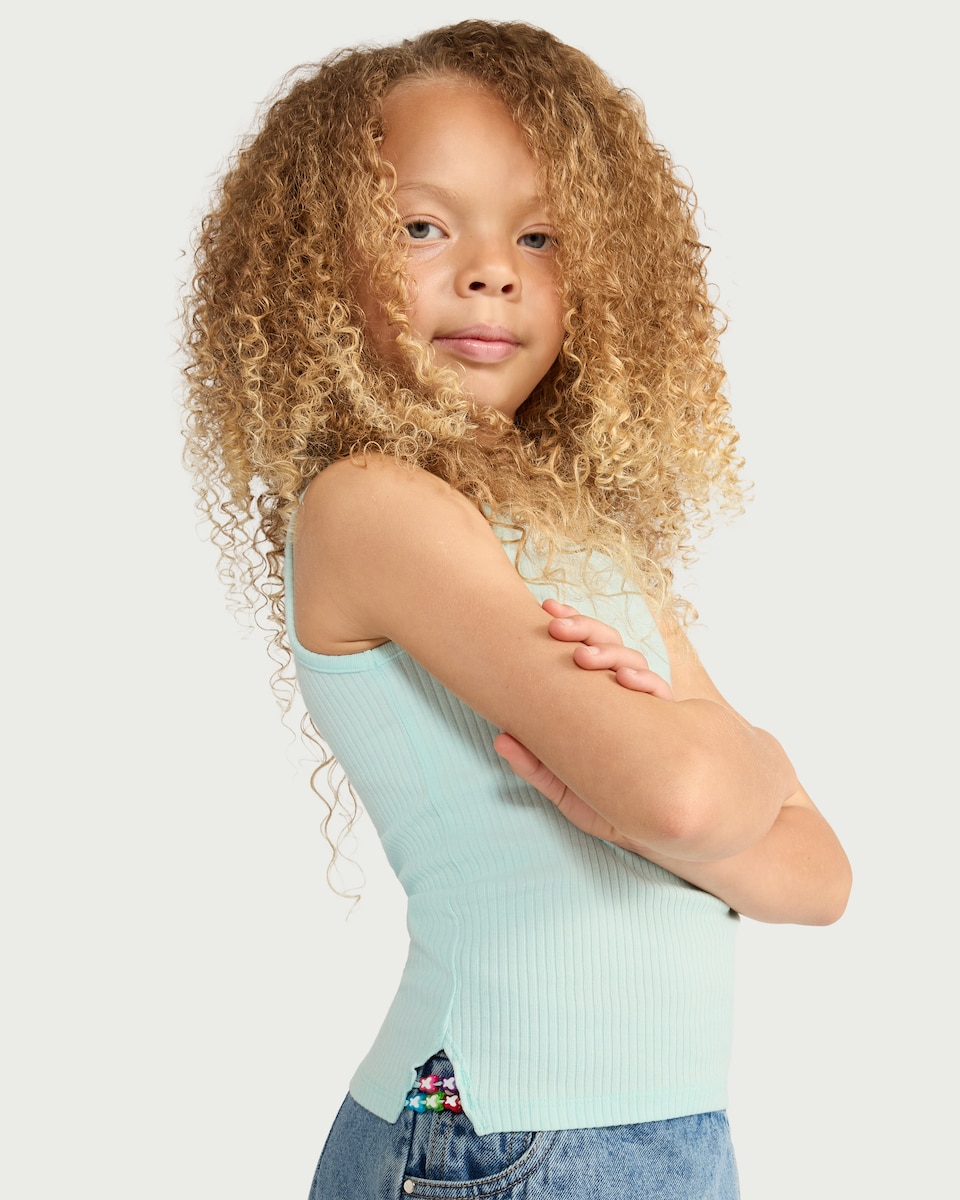 image 1 of F&F Girls Cotton Rich Ribbed Bead Vest in Green