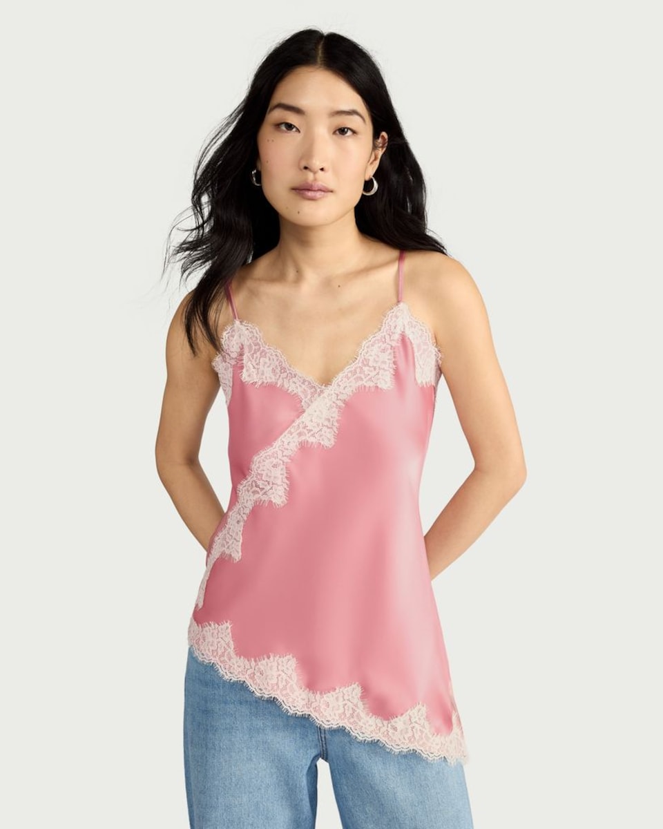 image 1 of F&F Asymmetric Hem Lace Trim Cami Top in Pink
