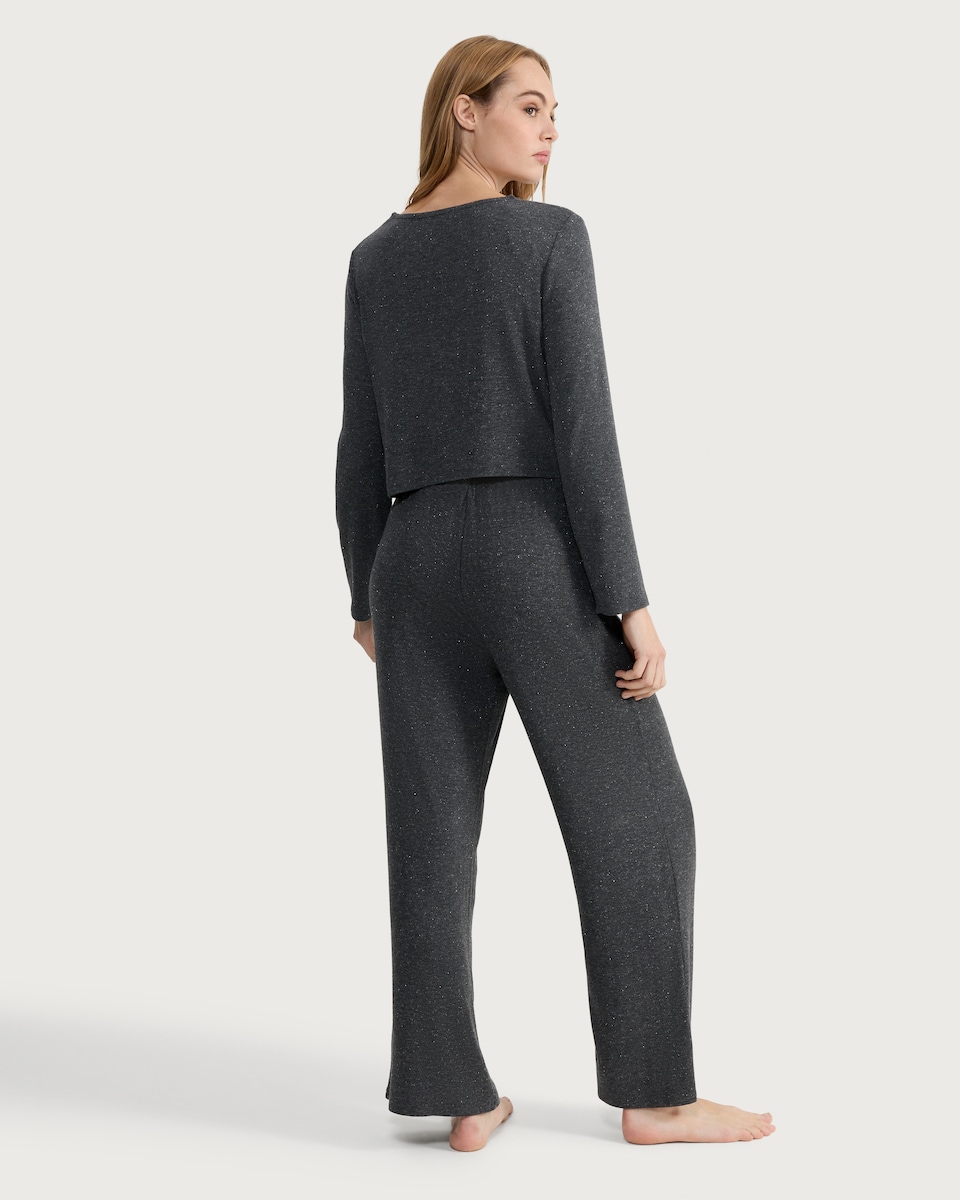 image 1 of F&F Lurex Button Front Top and Bottoms Pyjamas in Grey