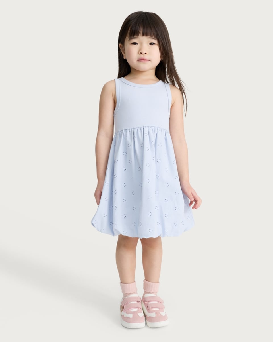 image 1 of F&F Girls Cotton Rich Broderie Sleeveless Dress in Blue