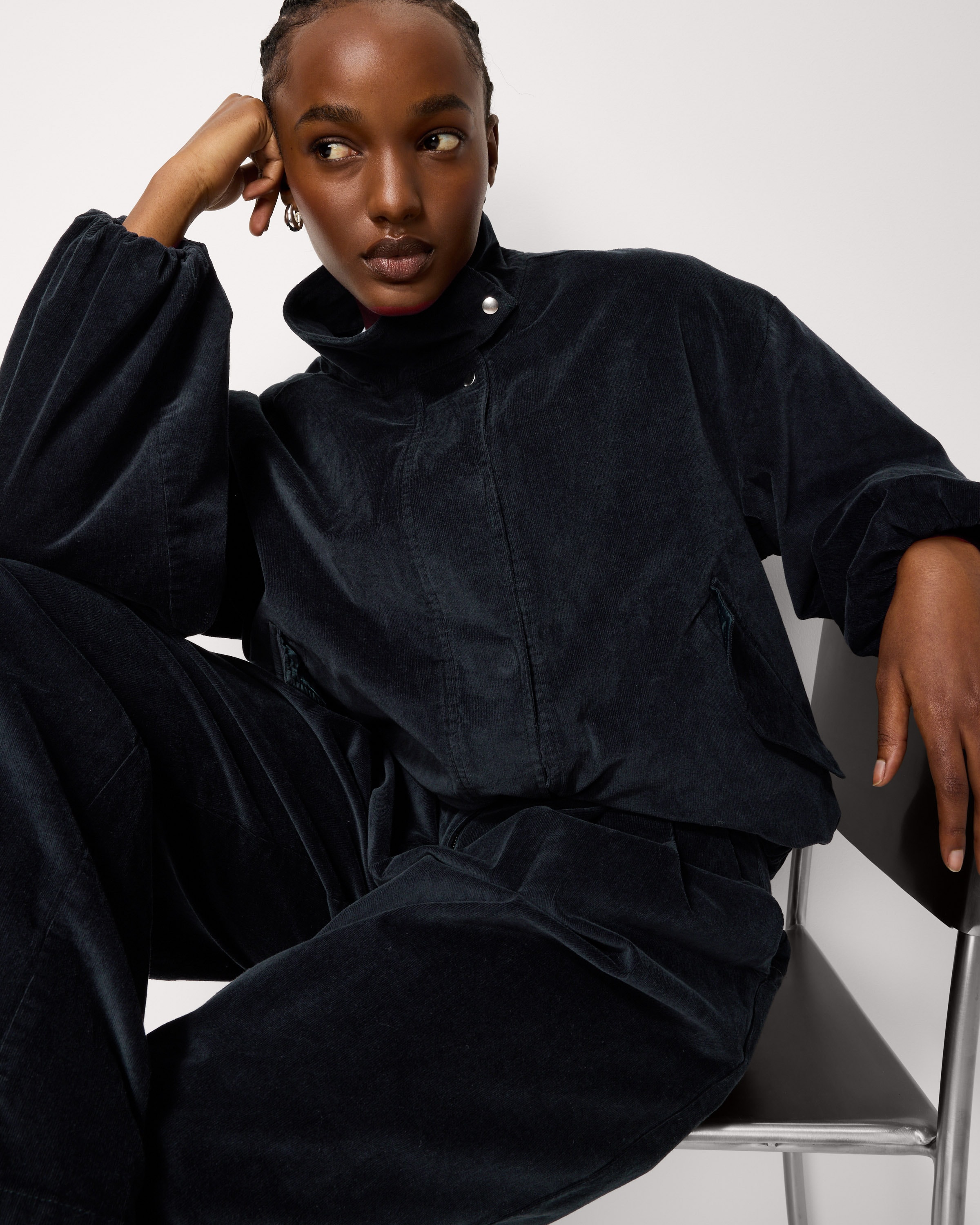 F&F Cotton Rich Corduroy Funnel Neck Bomber Jacket in Navy, 6, Womens