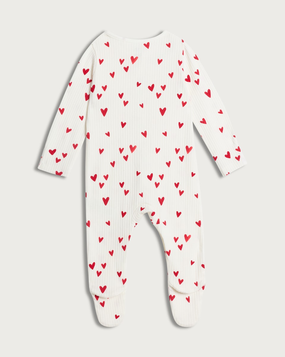 image 1 of F&F Baby Cotton Rich Ribbed Heart Print Long Sleeved Sleepsuit in Red