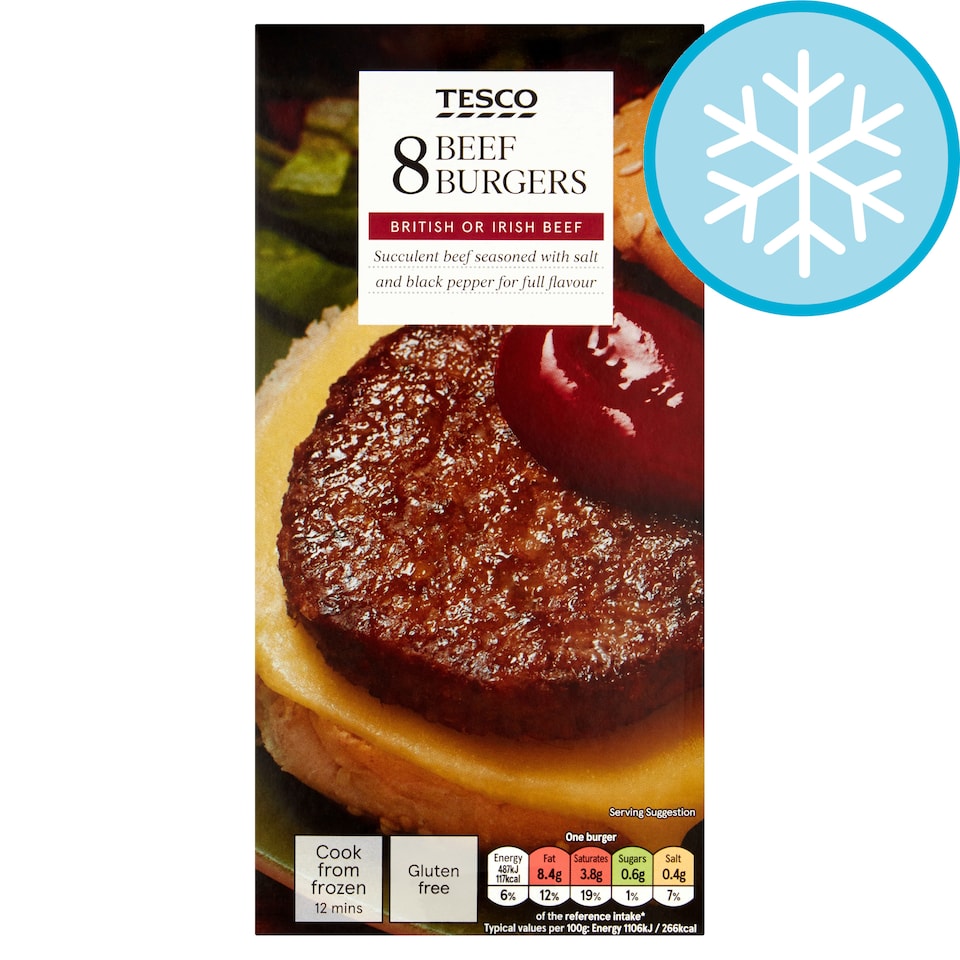 Tesco Beef Burgers 8 Pack 454G