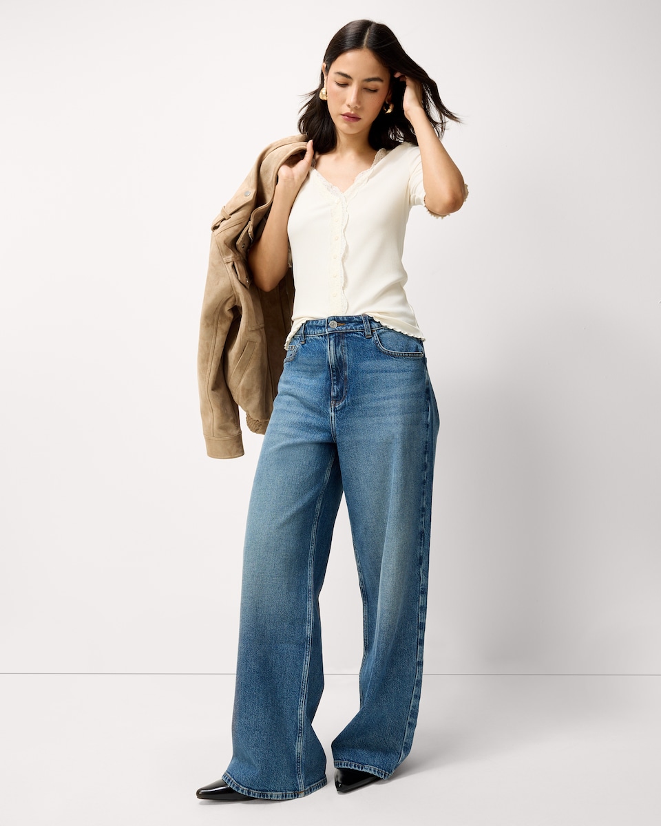 image 1 of The F&F Edit Lace Trim Button Up Top in Cream