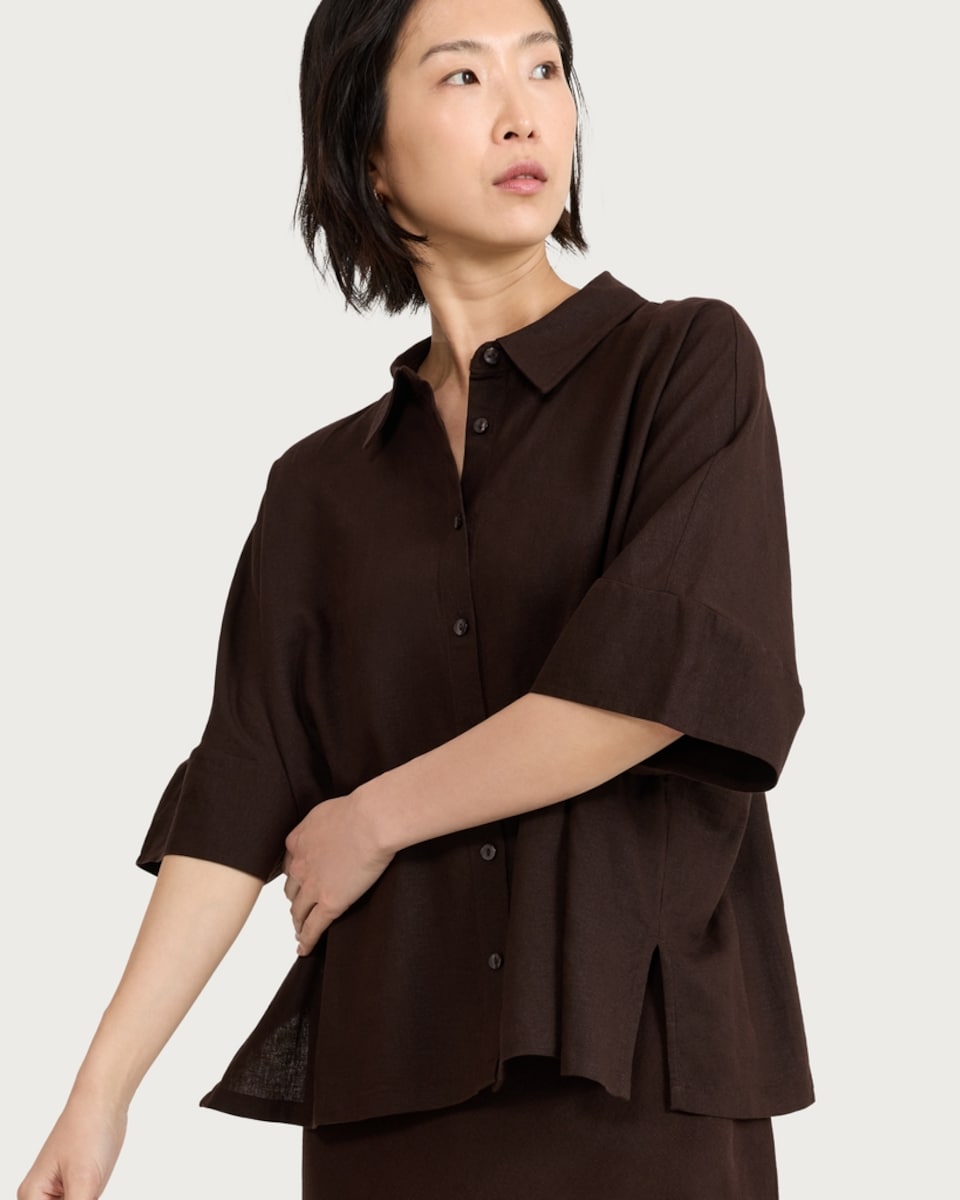 image 1 of F&F Linen Rich Button Up Shirt in Brown