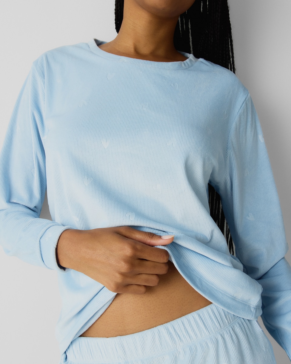 image 1 of F&F Fleece Ribbed Heart Print Pyjama Set in Blue
