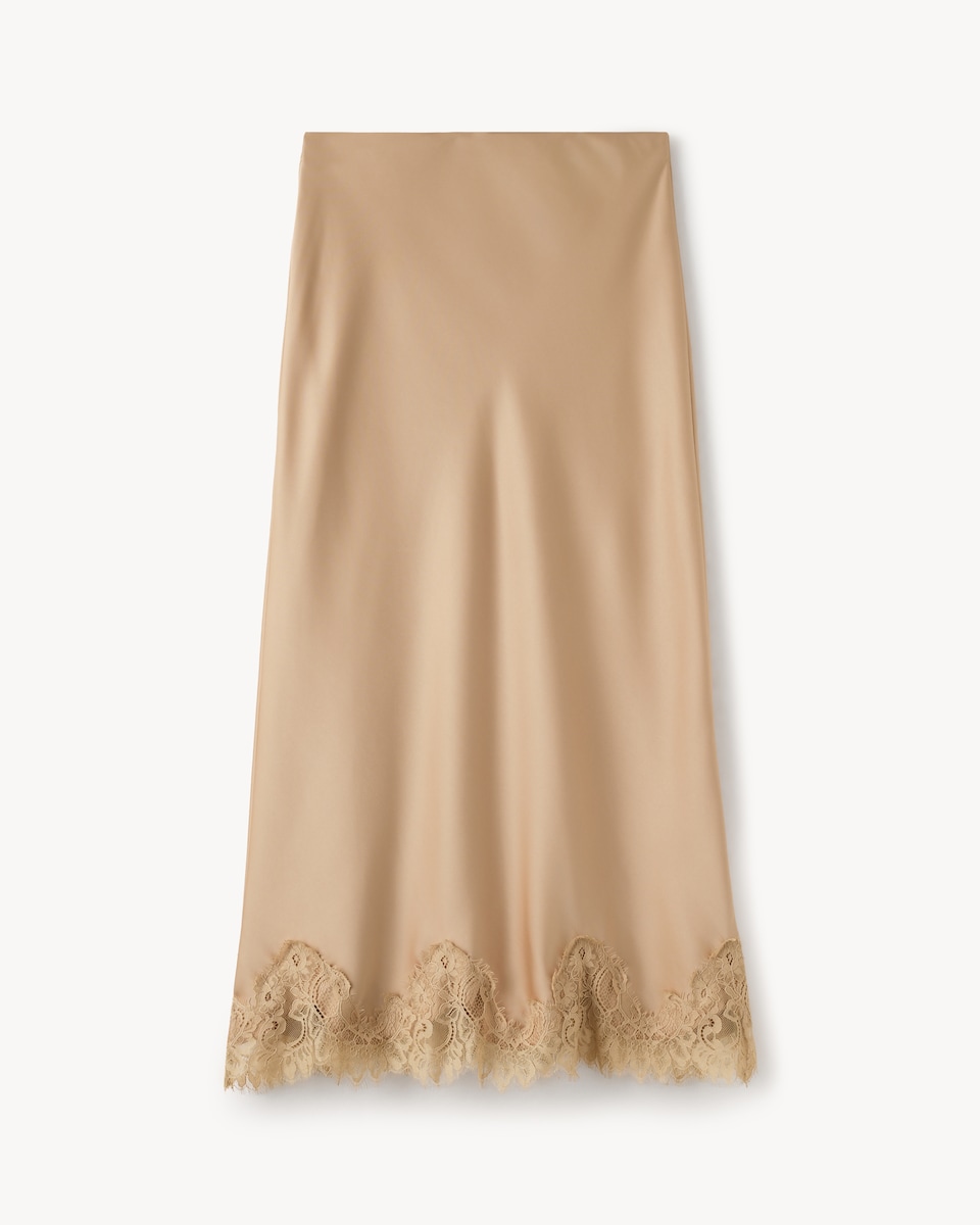 image 1 of The F&F Edit Satin Lace Trim Co-ord Midi Skirt in Camel