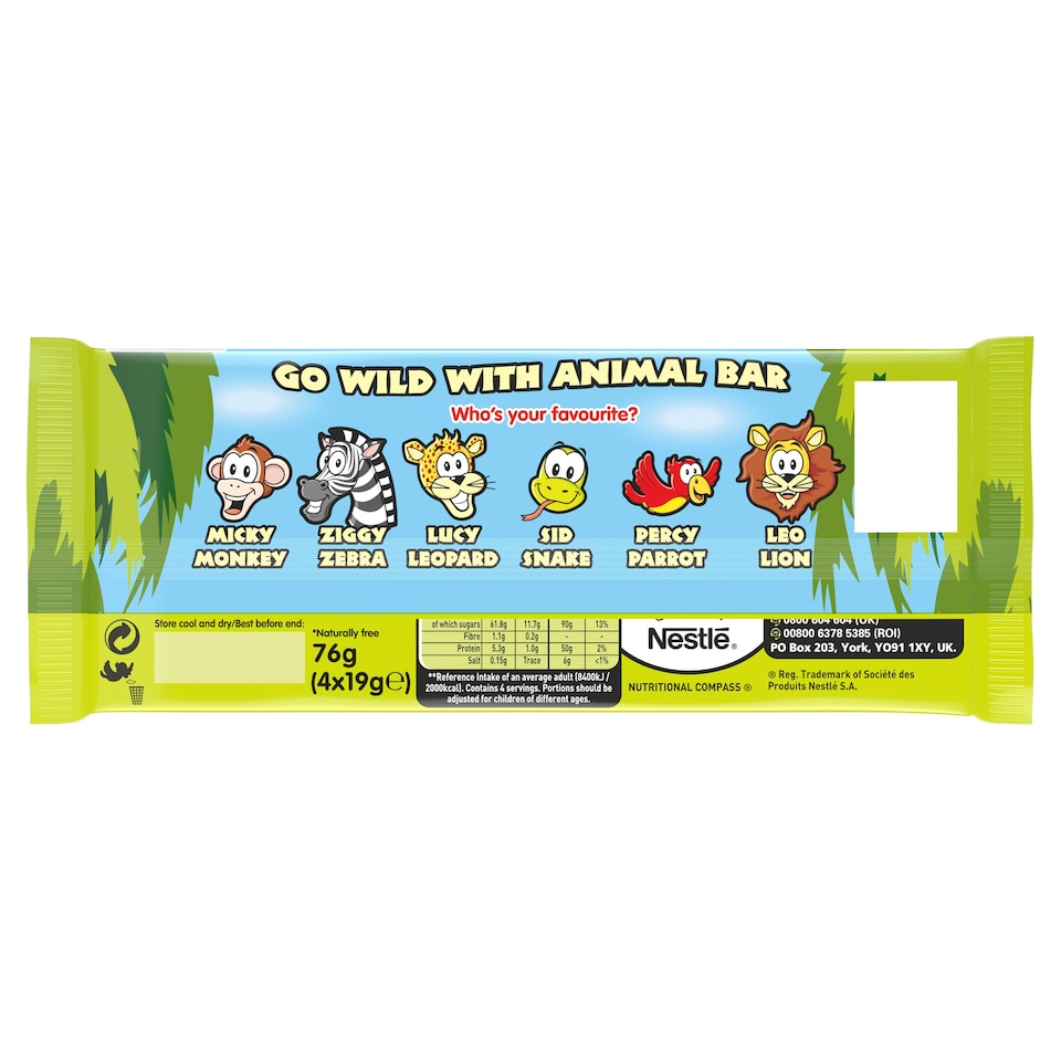 image 1 of Animal Bar Milk Chocolate 4 Pack 76G