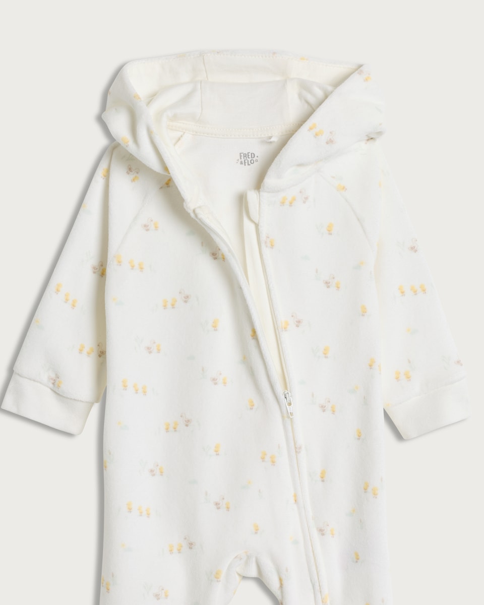 image 1 of F&F Baby Cotton Rich Duck Print Hooded All-in-one in White